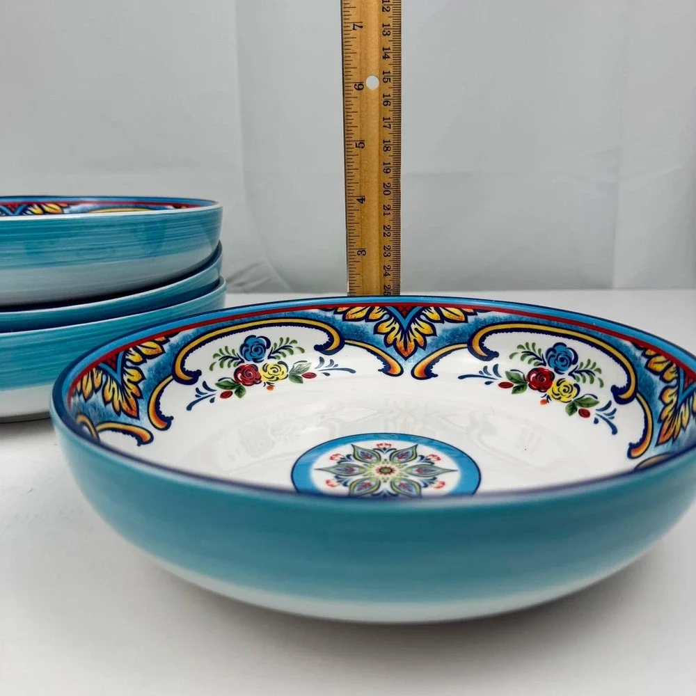 Euro Ceramica Zanzibar 5 Piece Pasta Bowl Set Blue Floral Spanish Design Ceramic